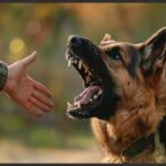An aggressive dog with exposed canines barks in the direction of an outstretched hand.
